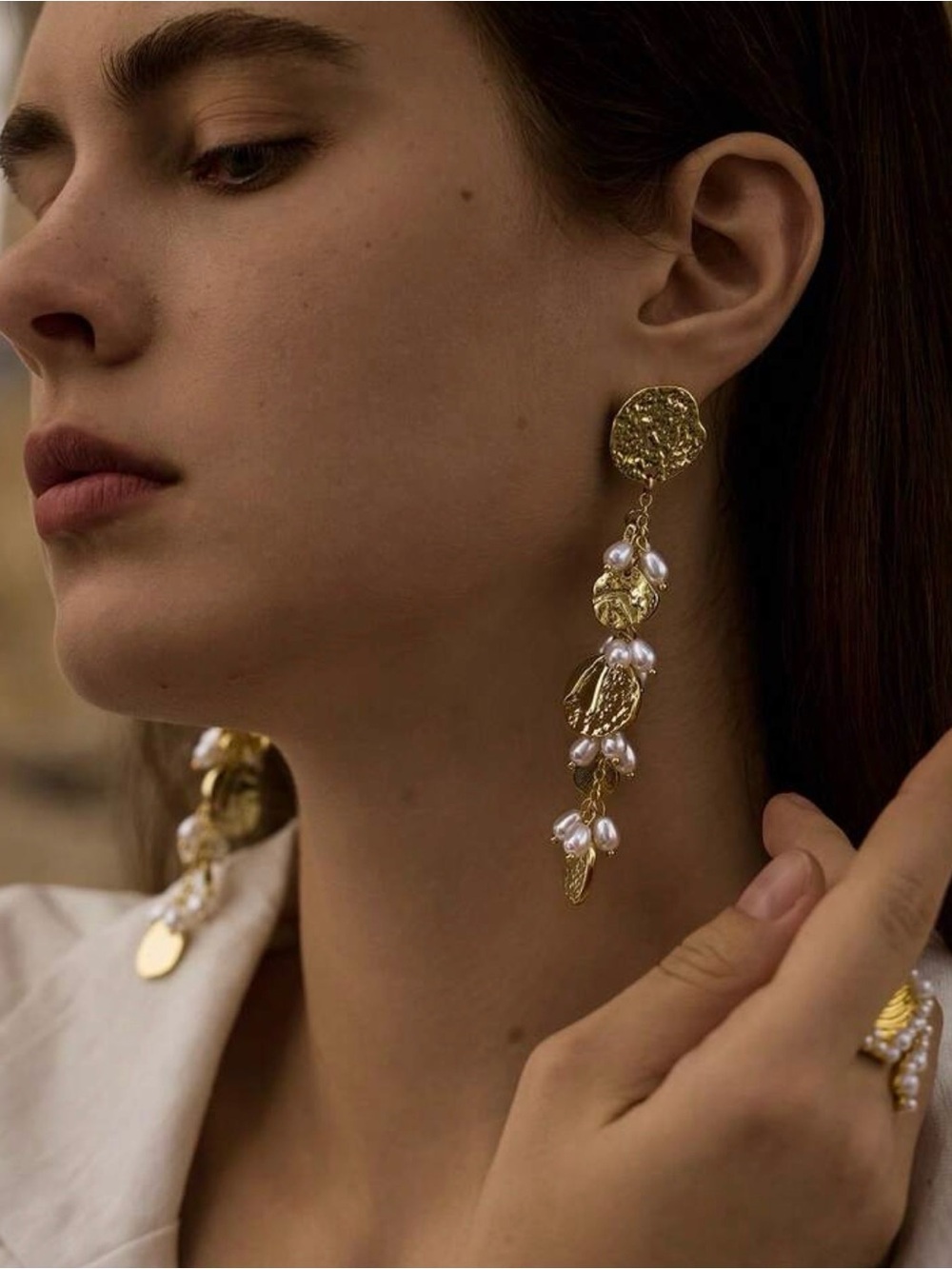 Gold Drop Pearl Cluster Earrings - Women Jewelry - Picture 1 of 7